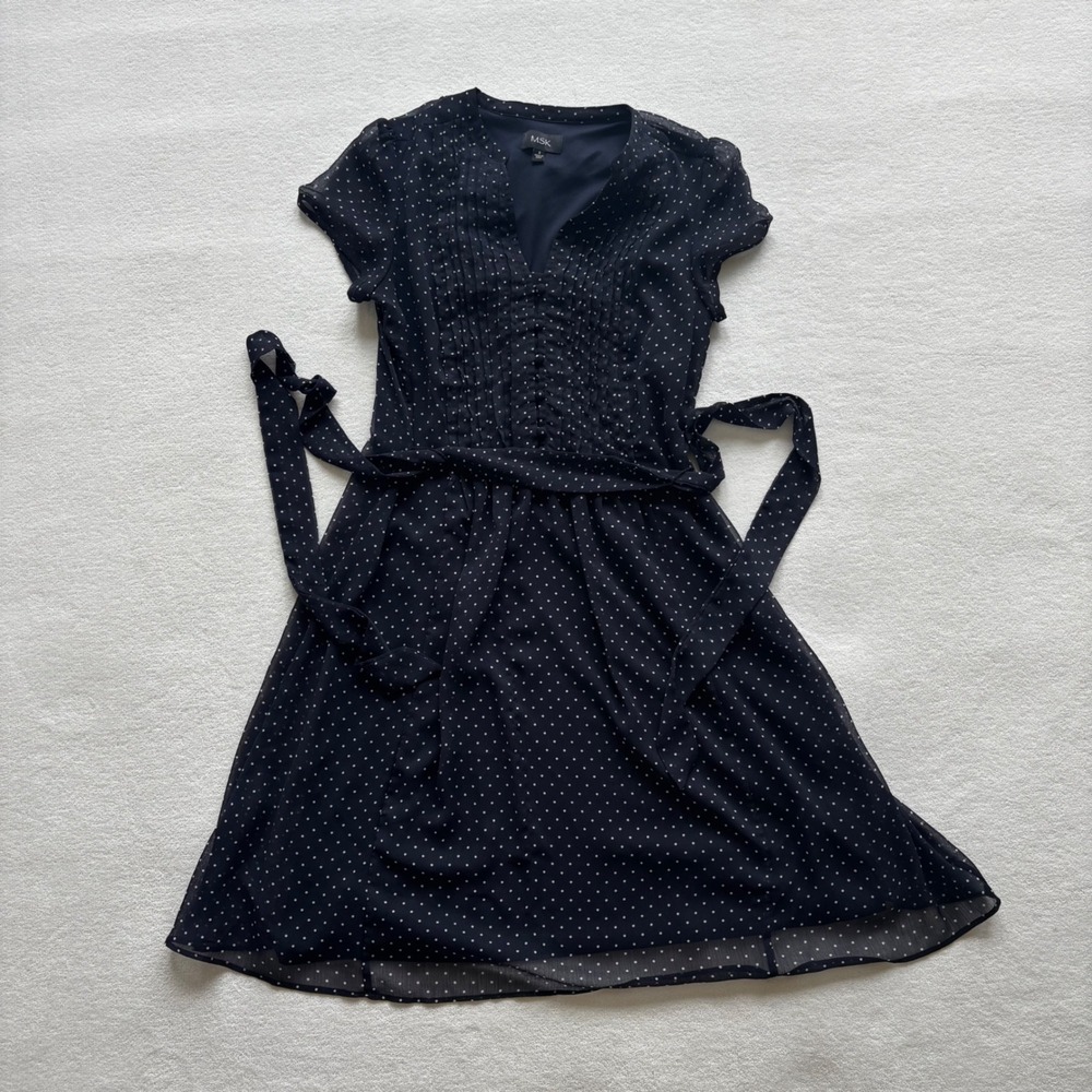 MSK Polka Dot Chiffon Dress Women 8 Navy Blue Pleated V-Neck Belted A-Line